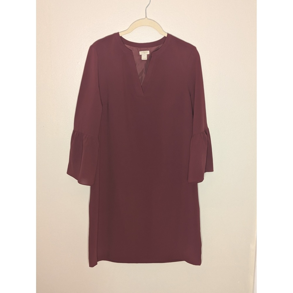 J.Crew Burgundy Wine Split Neck Bell Sleeve Shift Dress Size 4